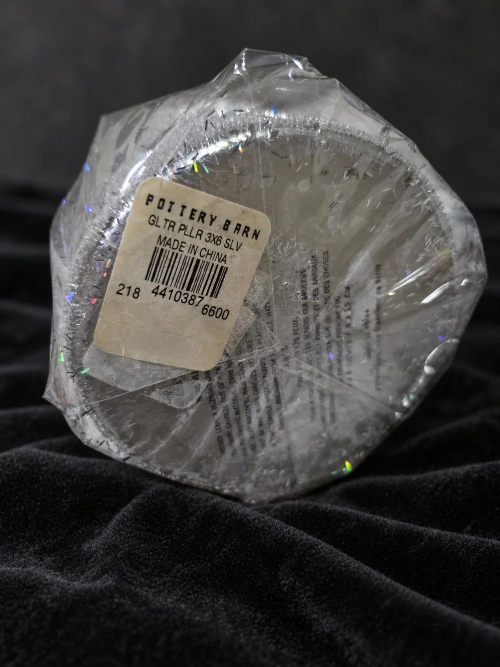Vtg Pottery Barn Silver Glitter Pillar Candle New in Original Wrap Read 3x6 Read